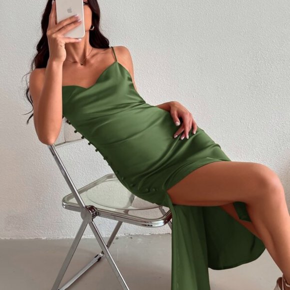 Chic Button Slit Hem Satin Cami Dress -more colors - Picture 2 of 9